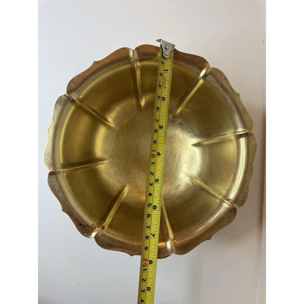 Vintage Brass Pedestal Bowl Scalloped Edge Footed Decorative Dish Chinoiserie